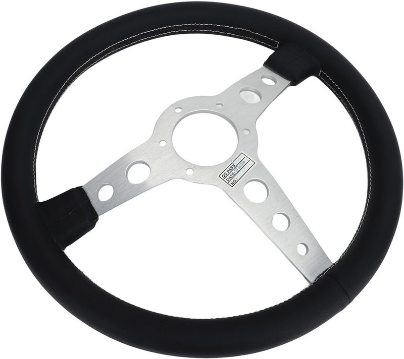 14 Inch Racing Steering Wheel, Black Leather with White Stitching and Silver Aluminum Alloy Frame, Universal for Car Vehicle - Image 5