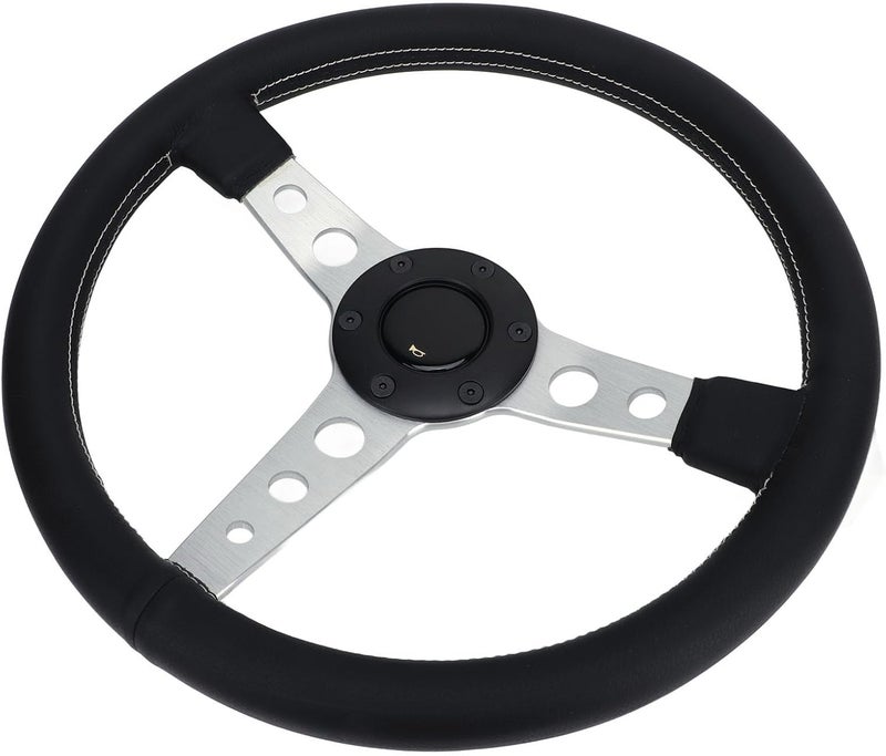 14 Inch Racing Steering Wheel, Black Leather with White Stitching and Silver Aluminum Alloy Frame, Universal for Car Vehicle - Image 2