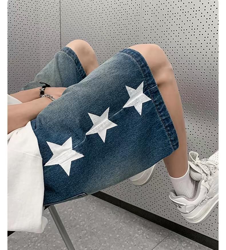 POHADON Y2K Blue Denim Shorts Summer Casual Loose Straight Leg Unisex Baggy Jeans Shorts Jorts Grunge Harajuku Streetwear (Denim,M) - Image 5