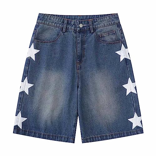 POHADON Y2K Blue Denim Shorts Summer Casual Loose Straight Leg Unisex Baggy Jeans Shorts Jorts Grunge Harajuku Streetwear (Denim,M) - Image 1