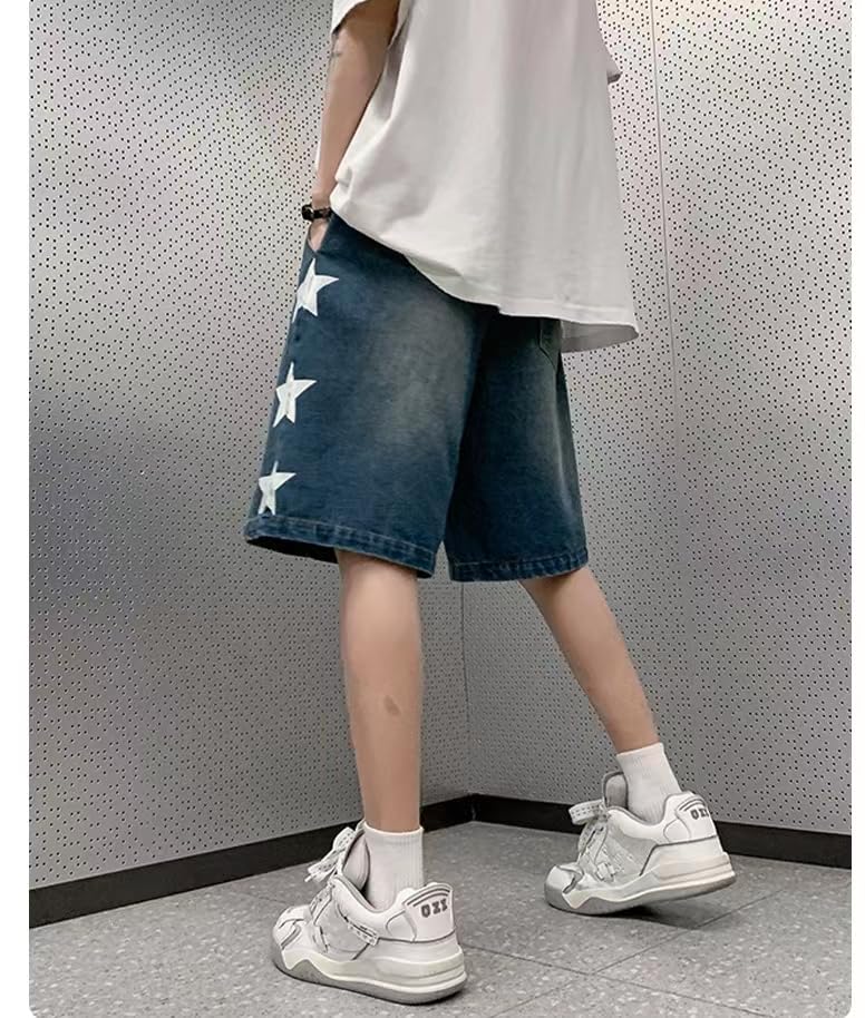 POHADON Y2K Blue Denim Shorts Summer Casual Loose Straight Leg Unisex Baggy Jeans Shorts Jorts Grunge Harajuku Streetwear (Denim,M) - Image 2