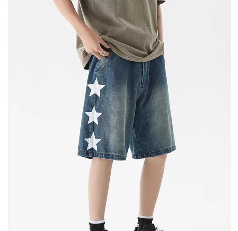 POHADON Y2K Blue Denim Shorts Summer Casual Loose Straight Leg Unisex Baggy Jeans Shorts Jorts Grunge Harajuku Streetwear (Denim,M) - Image 3