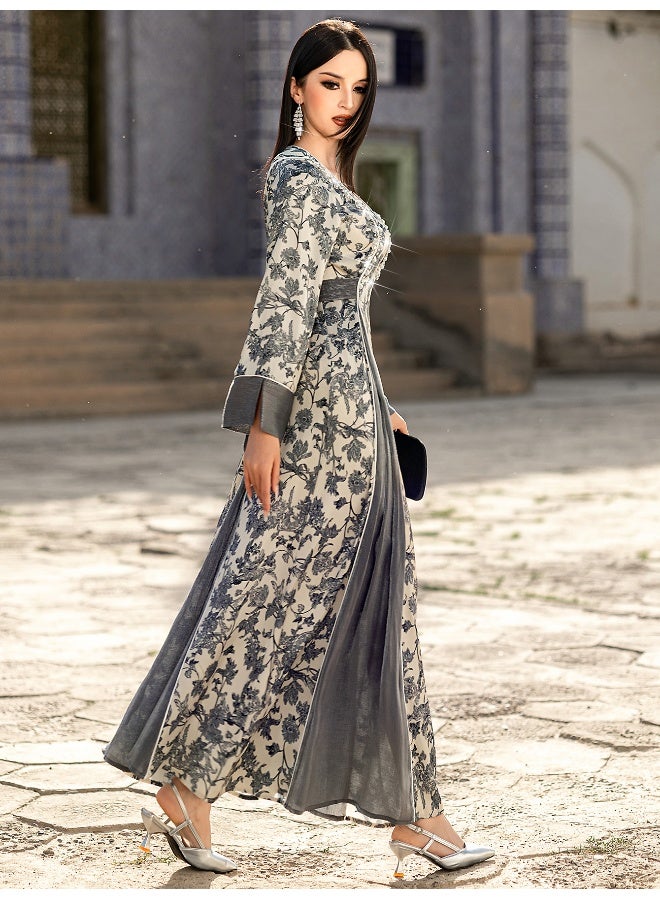 Madam Uniq V-Neck Satin Jacquard Handcrafted Beaded Muslim Dress - Image 5
