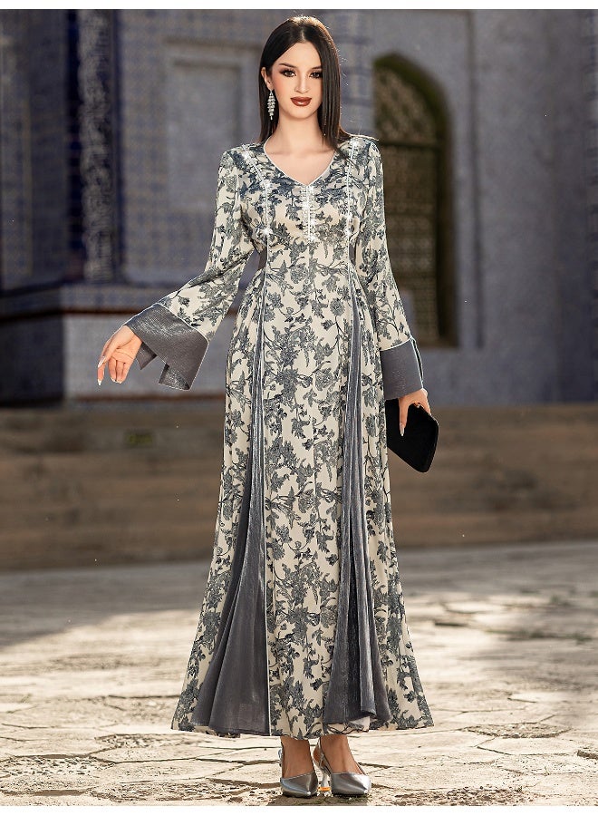 Madam Uniq V-Neck Satin Jacquard Handcrafted Beaded Muslim Dress - Image 2