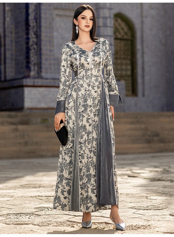 Madam Uniq V-Neck Satin Jacquard Handcrafted Beaded Muslim Dress - Image 3