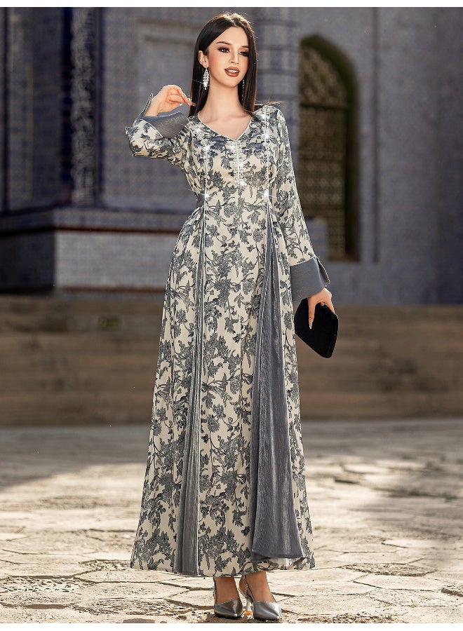 Madam Uniq V-Neck Satin Jacquard Handcrafted Beaded Muslim Dress - Image 1