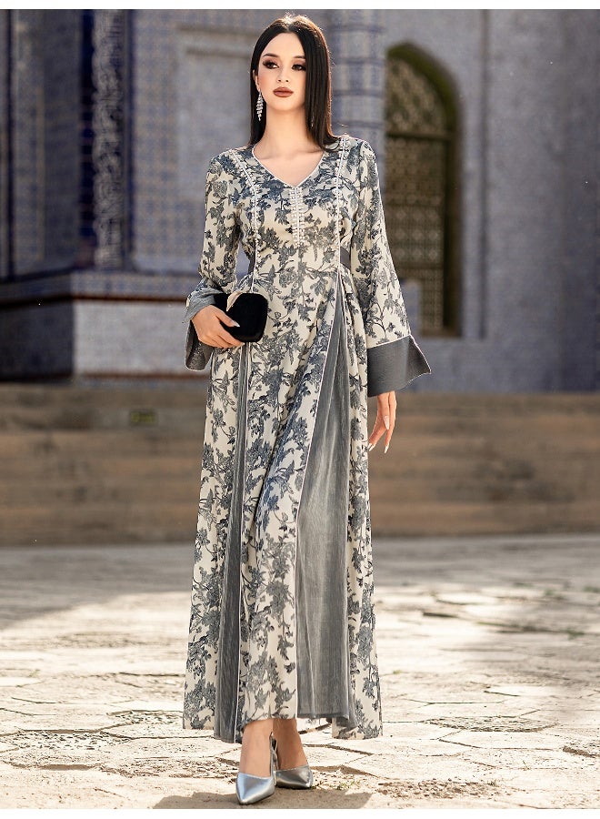 Madam Uniq V-Neck Satin Jacquard Handcrafted Beaded Muslim Dress - Image 4