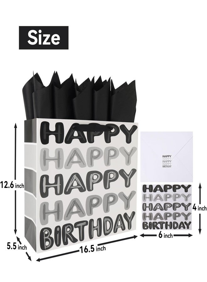 Qirrmiy 16.5" Extra Large Black Happy Birthday Gift Bag Set with Handles, Greeting Card, Tissue Papers and Stickers for Men Boys Kids Teens, Words Design, 1 Pcs - Image 2