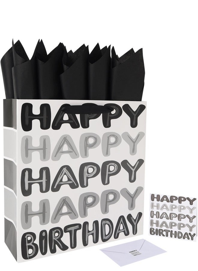 Qirrmiy 16.5" Extra Large Black Happy Birthday Gift Bag Set with Handles, Greeting Card, Tissue Papers and Stickers for Men Boys Kids Teens, Words Design, 1 Pcs - Image 1