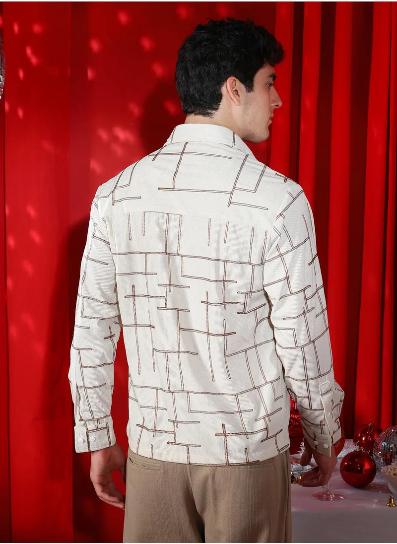 كامبوس سوترا Men's Chocolate Brown & Cream White CrossHatch Utility Shirt