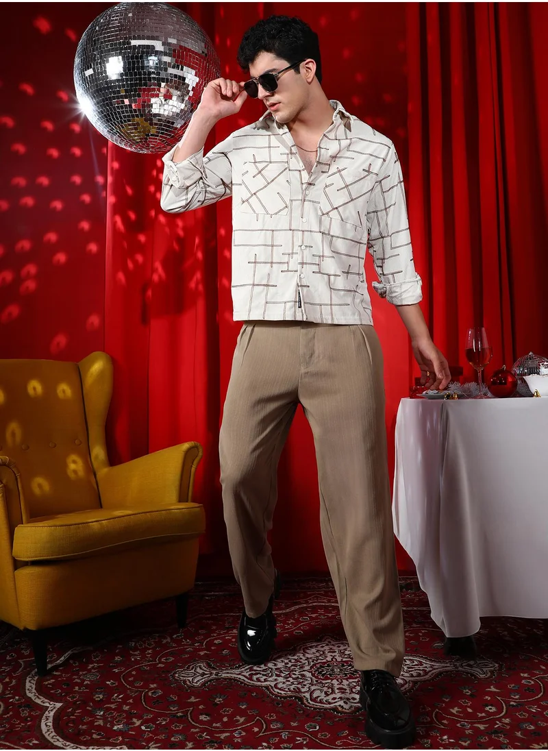 كامبوس سوترا Men's Chocolate Brown & Cream White CrossHatch Utility Shirt