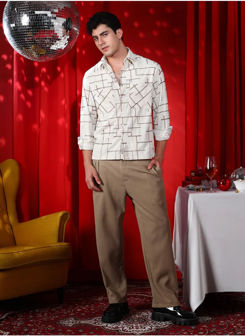 كامبوس سوترا Men's Chocolate Brown & Cream White CrossHatch Utility Shirt