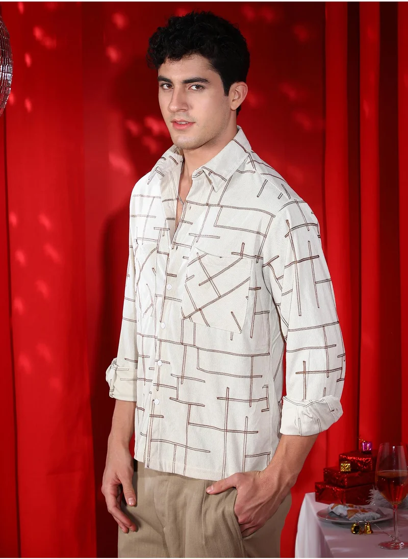 كامبوس سوترا Men's Chocolate Brown & Cream White CrossHatch Utility Shirt