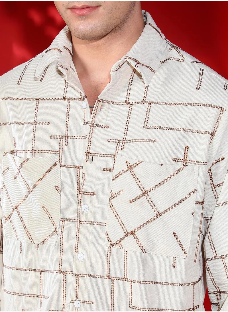 كامبوس سوترا Men's Chocolate Brown & Cream White CrossHatch Utility Shirt