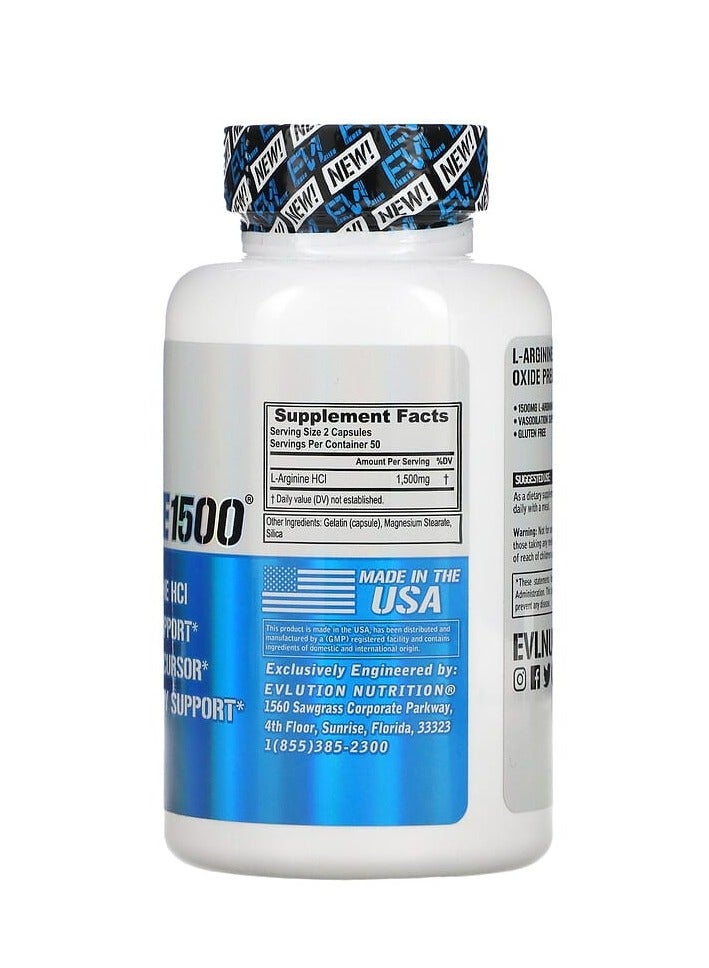EVLution Nutrition L-Arginine1500 1,500 mg 100 Capsules 750 mg per Capsule - Image 2