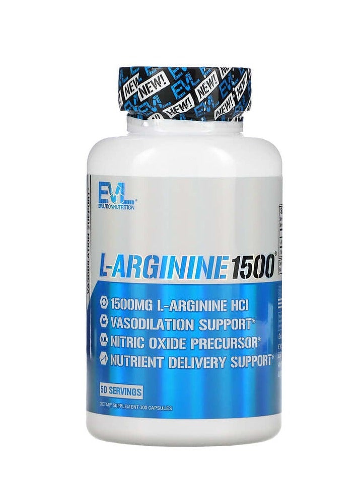EVLution Nutrition L-Arginine1500 1,500 mg 100 Capsules 750 mg per Capsule - Image 1