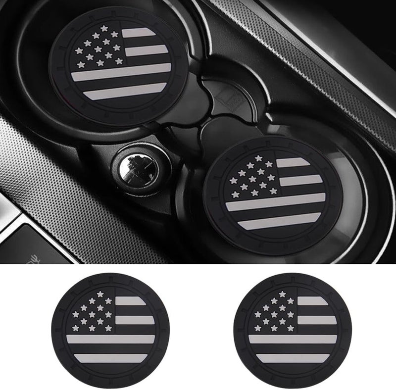 ACODABLEM 2 Pack Car Cup Holder Coaster, 2.75 Inch American Flag Soft Rubber Pad Set Round Auto Cup Holder Insert Drink Coaster Car Interior Accessories (Black White) - Image 1