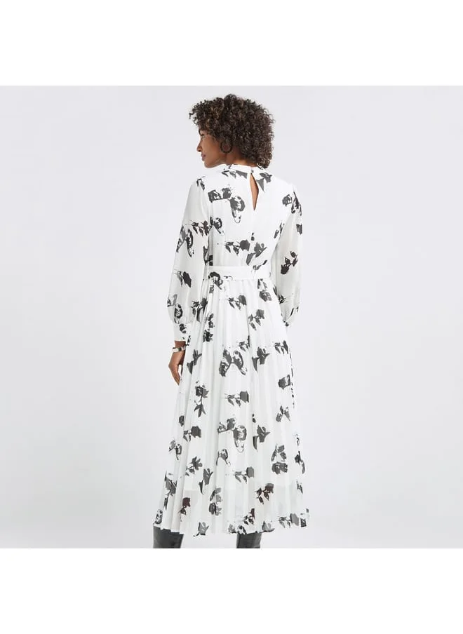 Splash FAV Floral Print A-line Dress with Long Sleeves and Belt