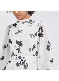FAV All-Over Print A-line Dress with Long Sleeves and Belt  - Image 4
