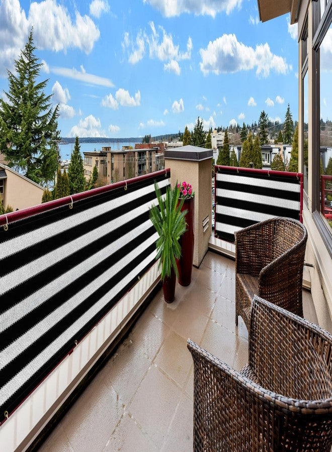 GREEN DECOR شبكة شرفة قابلة للطي ذاتيًا من البولي إيثيلين عالي الكثافة مخططة من جرين ديكور مع حلقات من الفولاذ المقاوم للصدأ وأربطة كابلات | شبكة أمان للأطفال الرضع مقاومة للأشعة فوق البنفسجية وجيدة التهوية للشرفة، وحاجز درابزين الدرج (لون أسود وأبيض، 1.50 × 8 متر) - Image 1