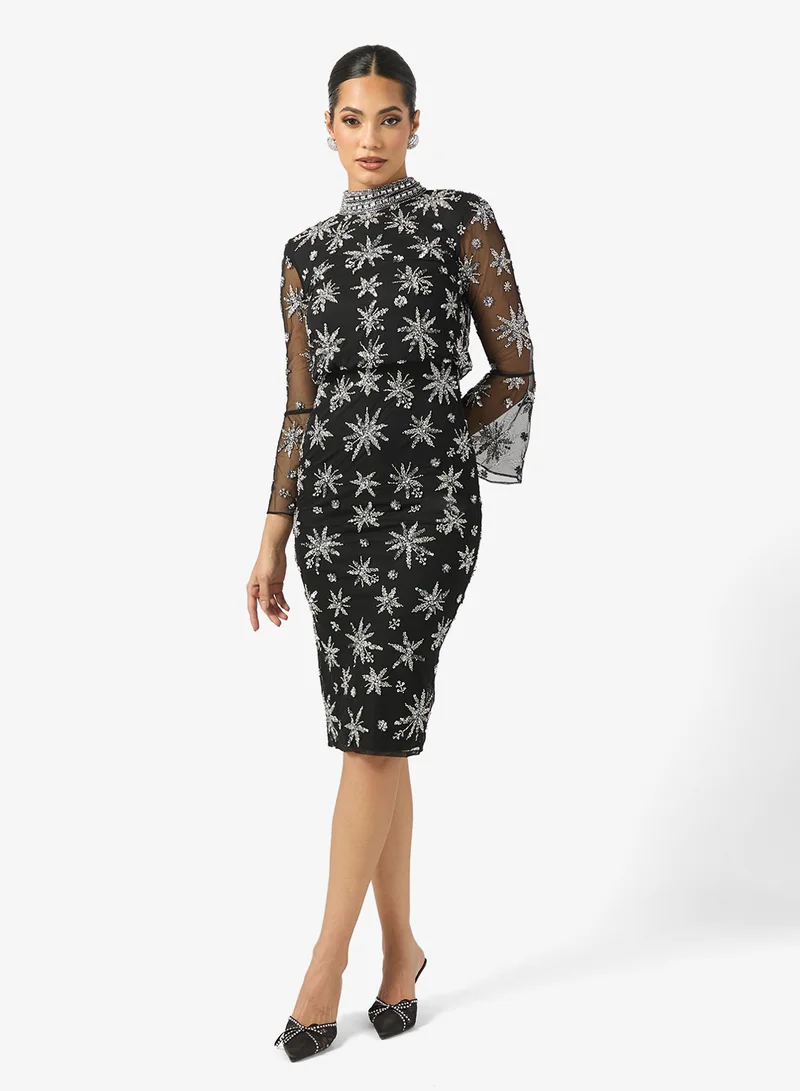Frock and Frill Embellished Stright Sleeve  Midi Dress