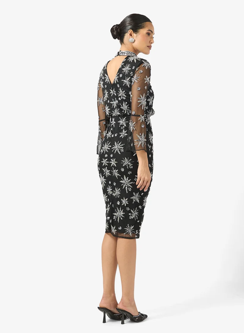 Frock and Frill Embellished Stright Sleeve  Midi Dress