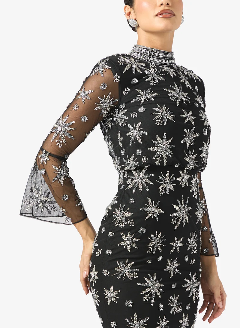 Frock and Frill Embellished Stright Sleeve  Midi Dress