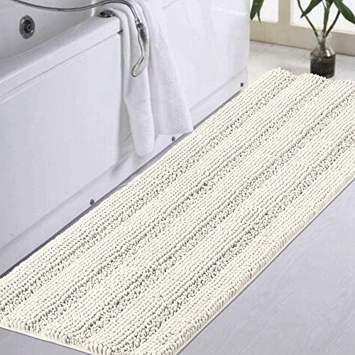 Turquoize Chenille Bath Rug - Non Slip, Absorbent, Thick Shaggy Mat for Bathroom, 47x17 inches, Cream - Image 1
