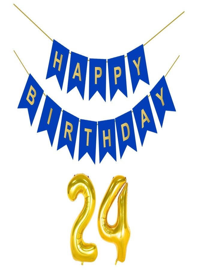 Flyloons 24th Dark Blue Colour Happy Birthday Banner Decoration Kit for 24 year Old Boys Girls Men Women | with Number Twenty-four | 13 Pcs Reusable Cardstock Happy Birthday Paper Banner