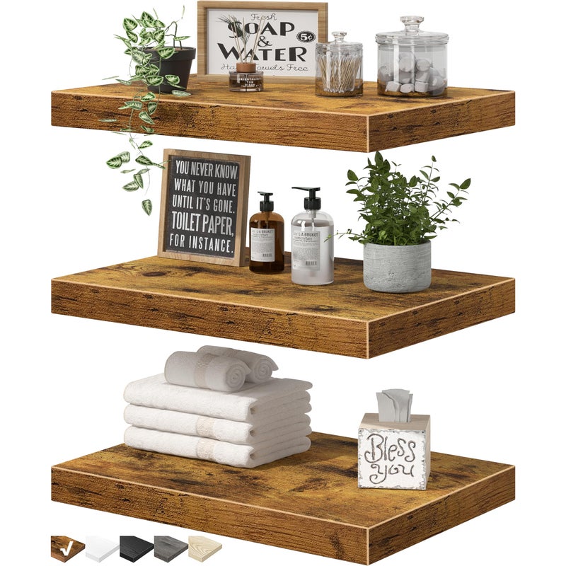 QEEIG 10" Deep Floating Shelves for Wall - 10 x 16 inch Book Shelf Bathroom Bedroom Kitchen Living Room Hanging Bookshelf Farmhouse Set of 3, Rustic Brown (025-40BN3) - Image 1