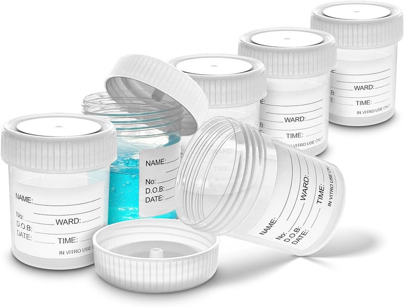 RE-Gen 6X 60ml Clear Plastic Re-Usable Specimen Liquid Container Pots, Screw Top Lids - Secure Screw Top Lids, Clear Identification Label Markers - Image 1