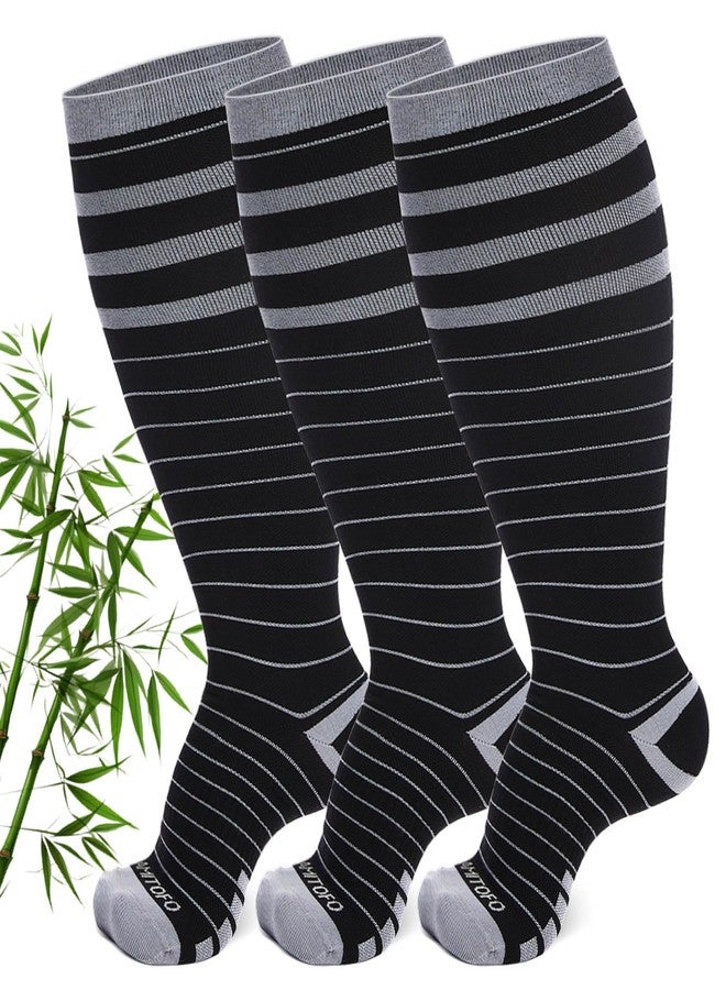 AMITOFO 3 Pairs Bamboo Compression Socks 15-20mmHg Wide Calf, Plus Size Stockings for Men Women, Support for Running, Travel, Nurses, Pregnancy - Image 1