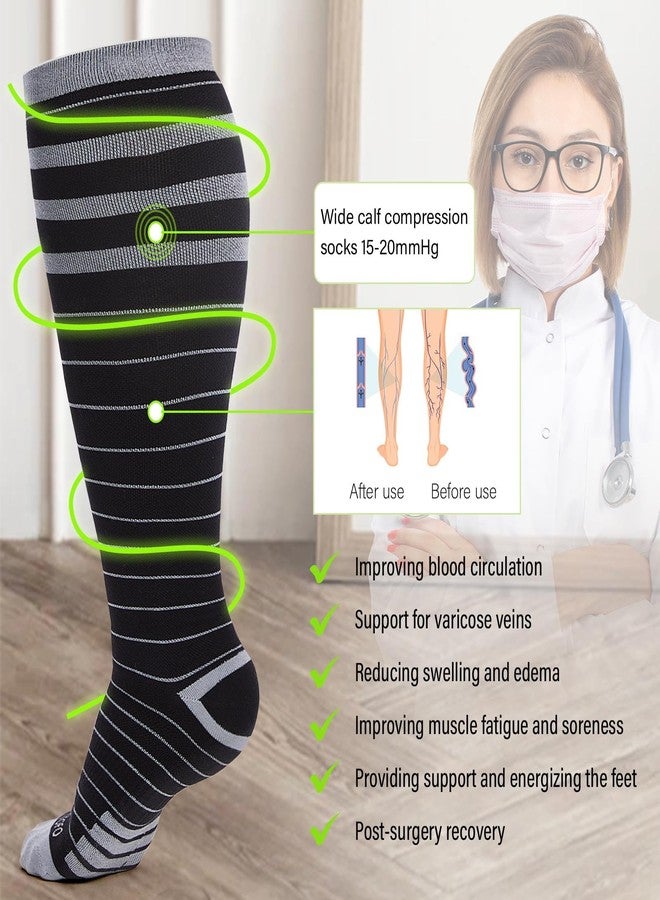 AMITOFO 3 Pairs Bamboo Compression Socks 15-20mmHg Wide Calf, Plus Size Stockings for Men Women, Support for Running, Travel, Nurses, Pregnancy - Image 2