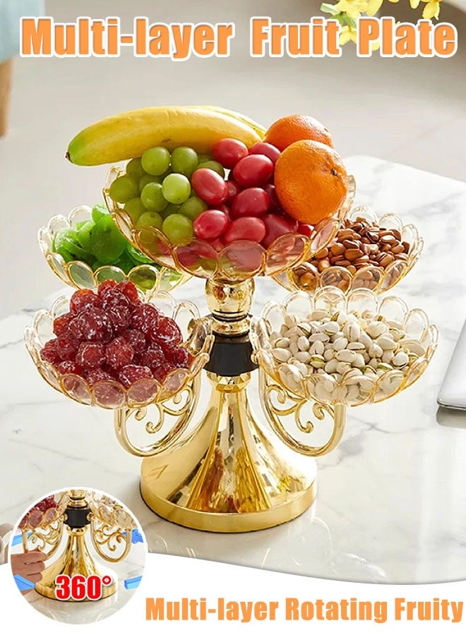 طبق فاكهة دوار متعدد الطبقات، طبق وجبات خفيفة لتنظيم الحلوى والفواكه والمكسرات والوجبات الخفيفة، منظم طاولة لتزيين الطاولة، صندوق وجبات خفيفة وحاوية ديلي للحفلات والترفيه (ذهبي) - Image 1