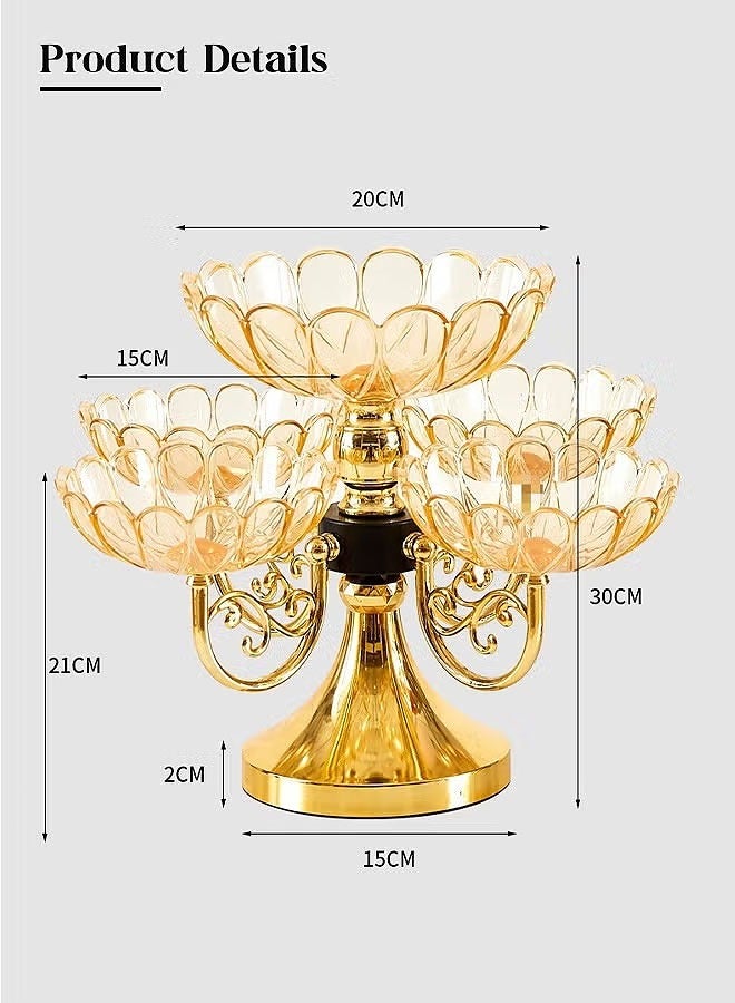 طبق فاكهة دوار متعدد الطبقات، طبق وجبات خفيفة لتنظيم الحلوى والفواكه والمكسرات والوجبات الخفيفة، منظم طاولة لتزيين الطاولة، صندوق وجبات خفيفة وحاوية ديلي للحفلات والترفيه (ذهبي) - Image 2