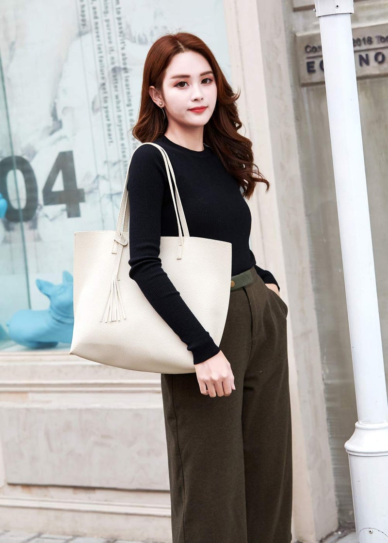 Dreubea Women's Soft Faux Leather Tote Shoulder Bag from, Big Capacity Tassel Handbag Beige - Image 2