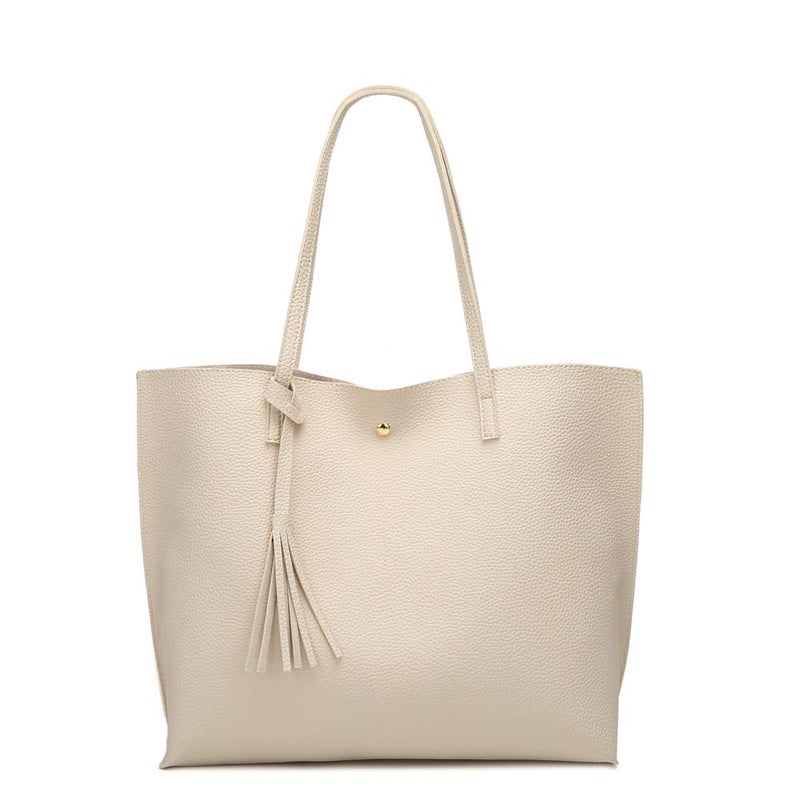 Dreubea Women's Soft Faux Leather Tote Shoulder Bag from, Big Capacity Tassel Handbag Beige - Image 1