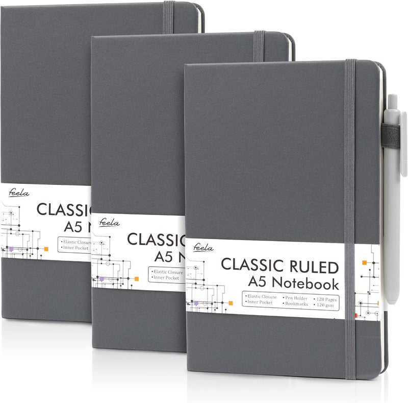 Feela 3 Pack Notebooks Journals Bulk with 3 Black Pens, A5 Hardcover Notebook Classic Ruled Lined Journal Set with Pen Holder for Work Business Journaling Note Taking, 120 GSM, 5.1”x8.3”, Gray - Image 1