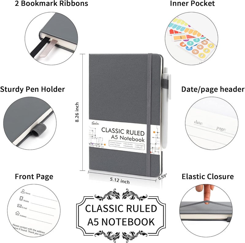 Feela 3 Pack Notebooks Journals Bulk with 3 Black Pens, A5 Hardcover Notebook Classic Ruled Lined Journal Set with Pen Holder for Work Business Journaling Note Taking, 120 GSM, 5.1”x8.3”, Gray - Image 2