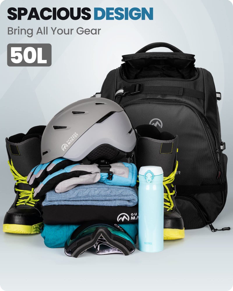 OutdoorMaster Ski Boot Bag, 50L Waterproof Snowboard Bag for Air Travel, Travel Boot Backpack for Ski Helmet, Goggles-Black - Image 2