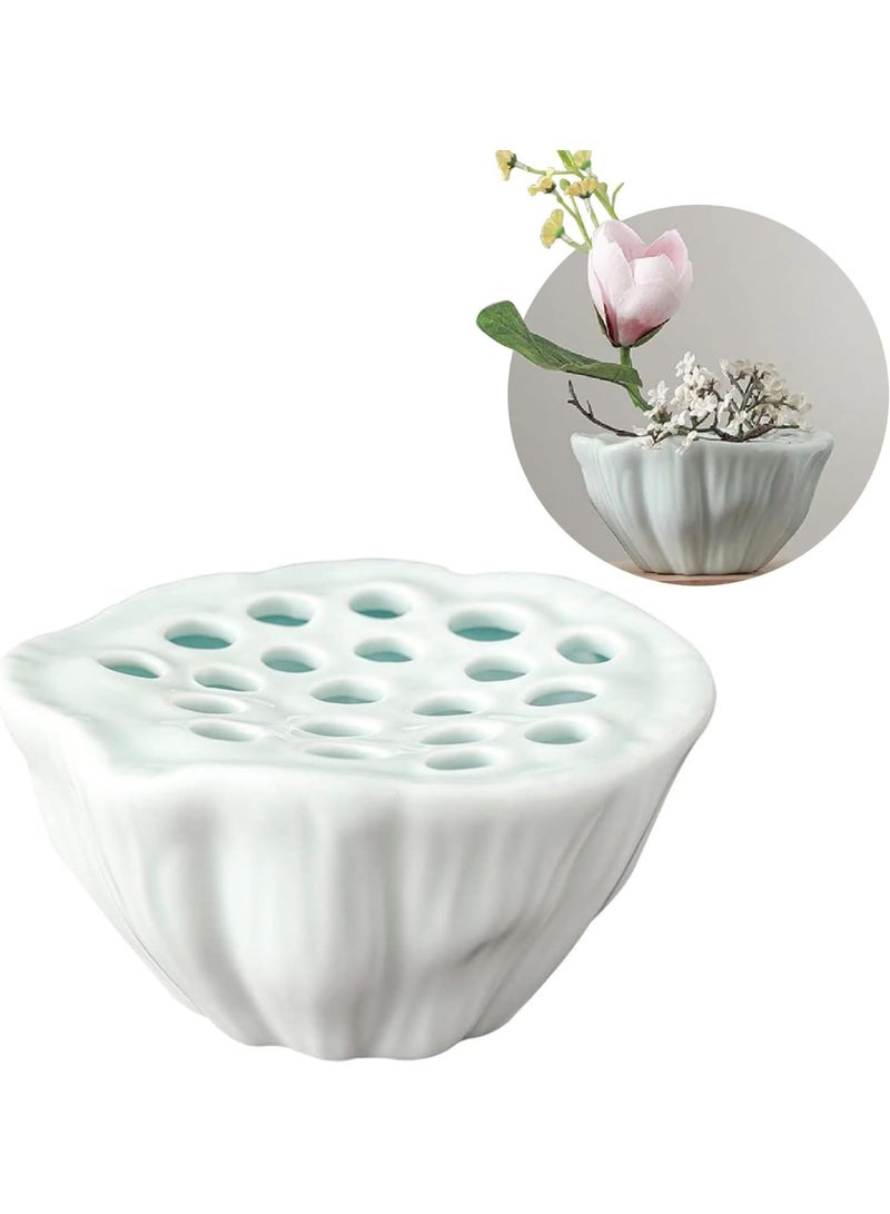 NANAO Lotus Pod Flower Arrangement Vase, Ceramic Flower Frog Pot, Ikebana Stem Holder, Decorative Flower Frog Container, Floral Arrangement Bowl for Tea Table, Ceramic Flower Vase Kenzan (Light Cyan) - Image 1