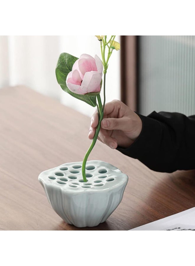 NANAO Lotus Pod Flower Arrangement Vase, Ceramic Flower Frog Pot, Ikebana Stem Holder, Decorative Flower Frog Container, Floral Arrangement Bowl for Tea Table, Ceramic Flower Vase Kenzan (Light Cyan) - Image 4