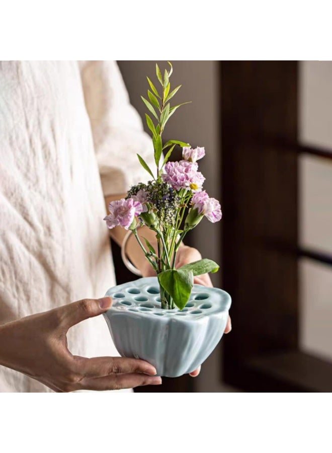 NANAO Lotus Pod Flower Arrangement Vase, Ceramic Flower Frog Pot, Ikebana Stem Holder, Decorative Flower Frog Container, Floral Arrangement Bowl for Tea Table, Ceramic Flower Vase Kenzan (Light Cyan) - Image 2