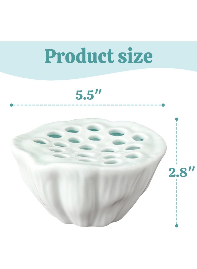 NANAO Lotus Pod Flower Arrangement Vase, Ceramic Flower Frog Pot, Ikebana Stem Holder, Decorative Flower Frog Container, Floral Arrangement Bowl for Tea Table, Ceramic Flower Vase Kenzan (Light Cyan) - Image 3