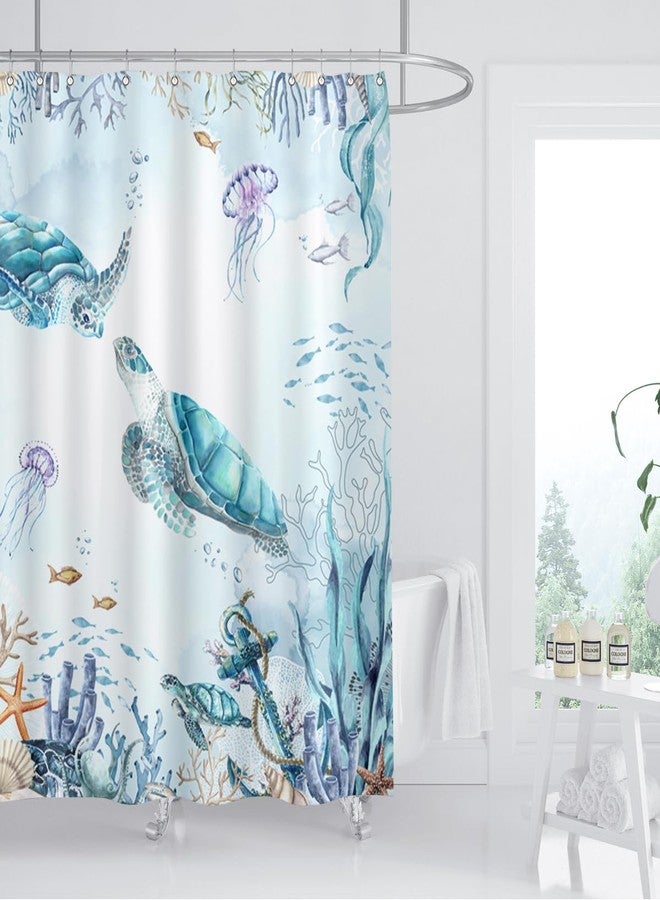 ZXMBF Watercolor Sea Turtle Shower Curtain Blue Teal Ocean Coastal Colorful Underwater Starfish Shell Fabric Home Bathroom Waterproof Fabric 72Lx72W Inch with Plastic 12PCS Hooks - Image 2
