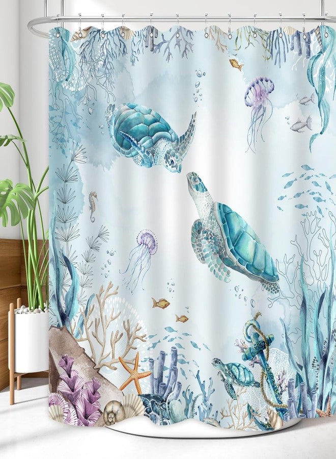 ZXMBF Watercolor Sea Turtle Shower Curtain Blue Teal Ocean Coastal Colorful Underwater Starfish Shell Fabric Home Bathroom Waterproof Fabric 72Lx72W Inch with Plastic 12PCS Hooks - Image 4