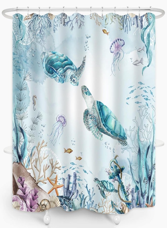 ZXMBF Watercolor Sea Turtle Shower Curtain Blue Teal Ocean Coastal Colorful Underwater Starfish Shell Fabric Home Bathroom Waterproof Fabric 72Lx72W Inch with Plastic 12PCS Hooks - Image 3