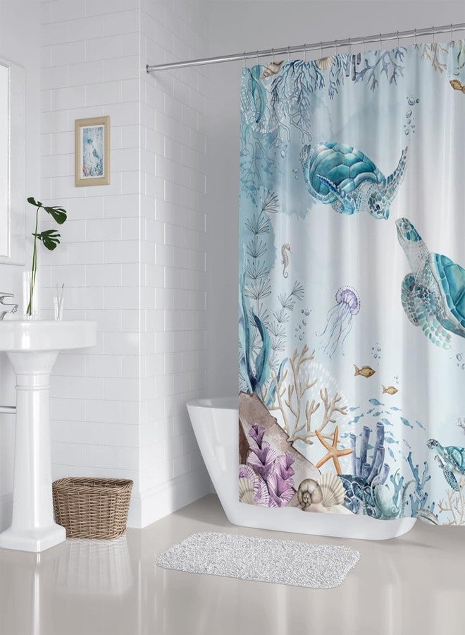 ZXMBF Watercolor Sea Turtle Shower Curtain Blue Teal Ocean Coastal Colorful Underwater Starfish Shell Fabric Home Bathroom Waterproof Fabric 72Lx72W Inch with Plastic 12PCS Hooks - Image 5