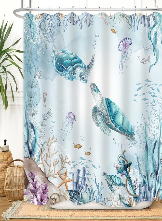 ZXMBF Watercolor Sea Turtle Shower Curtain Blue Teal Ocean Coastal Colorful Underwater Starfish Shell Fabric Home Bathroom Waterproof Fabric 72Lx72W Inch with Plastic 12PCS Hooks - Image 1