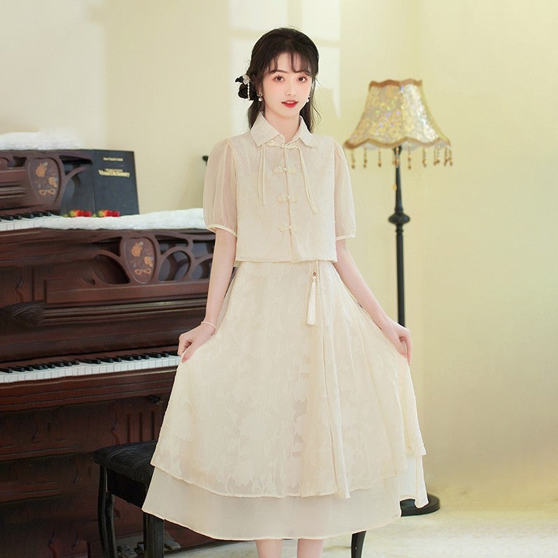 New Chinese Style Improved Cheongsam National Style suit dress Womens Summer New Hanfu Long Dress Top Slip Skirt